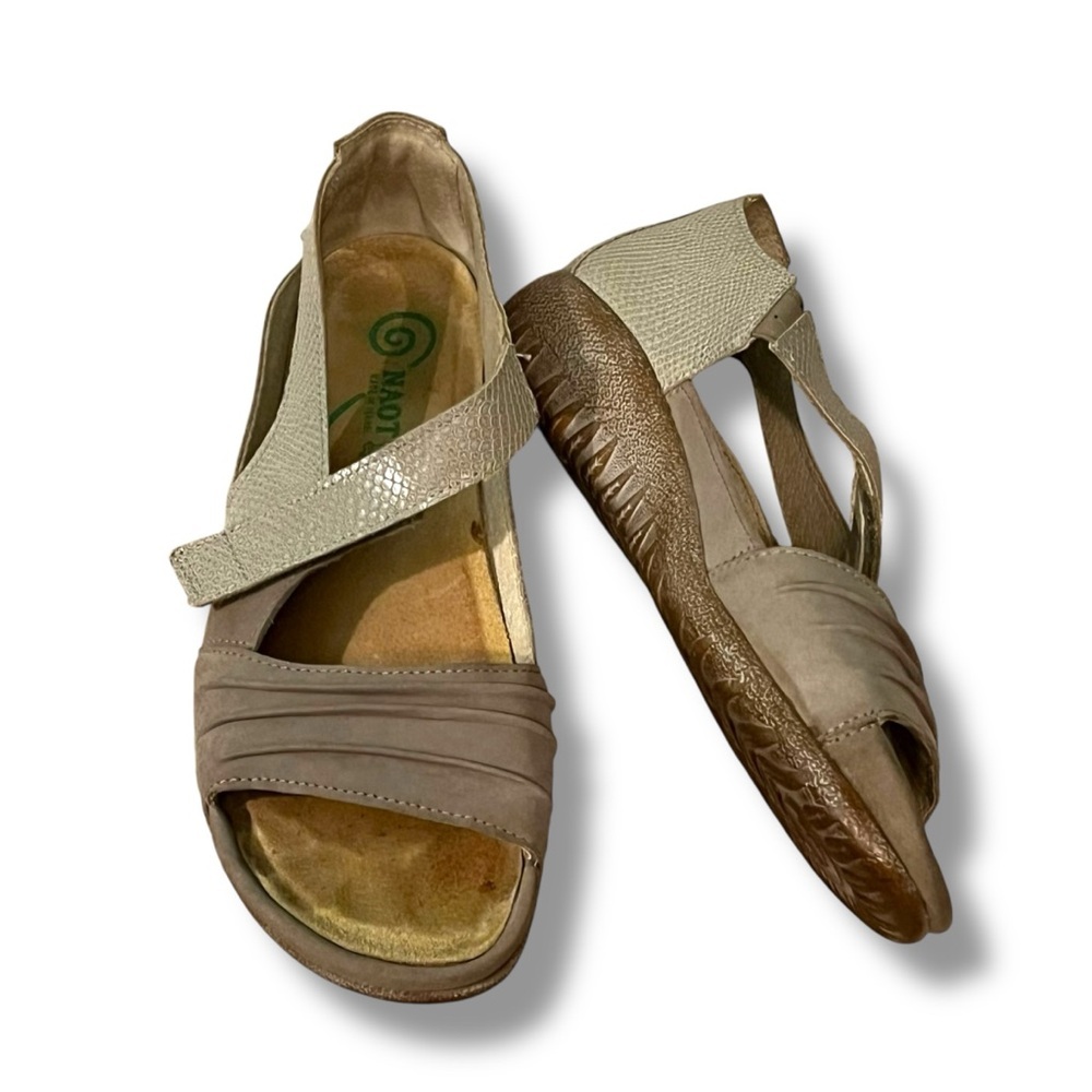 NAOT Papaki Sandals Ankle Strap Ruched Leather Stone Nubuck Lizard Comfort SZ 8
